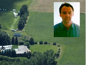 The Airdrie area property which was searched by law enforcement officers in connection with the disappearances of Nathan O'Brien and his  grandparents. Inset: a 1999 photo of Douglas Garland who was described by police as a person of interest in the case.