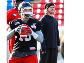 Drew Tate, right, and Bo Levi Mitchell will duke it out for the Stampeders starting job during this year’s training camp. The past two seasons, Tate has entered the regular season as the No. 1 man.