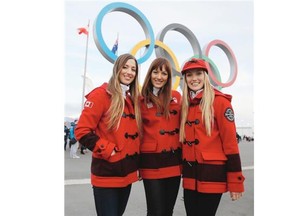 The Dufour-Lapointe sisters: Chloe, left, Maxime and Justine pose in Olympic Park during the Sochi 2014 Winter Olympics. All three will be in Calgary for Friday’s parade as part of the Canadian Olympic Committee’s Celebration of Excellence.