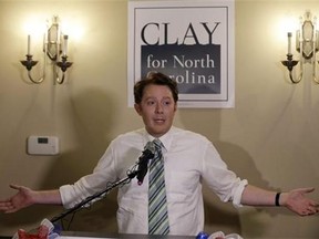 Clay Aiken speaks to supporters during an election night watch party in Holly Springs, N.C., Tuesday, May 6, 2014. Aiken is seeking the Democratic nomination for North Carolina's 2nd Congressional District. (AP Photo/Gerry Broome)