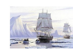 The HMS Erebus and Terror, ships from the expedition of Sir John Franklin, are featured in a painting by J. Franklin Wright.
