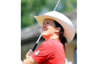 Former Canadian women’s hockey star Cassie Campbell takes part in the Shaw Charity Classic “Shootout at the Meadows”, at Canyon Meadows Golf Club last July. The now CBC Hockey Night in Canada reporter says her favourite hole in the Calgary area is No. 16 at Links of GlenEagles in Cochrane.