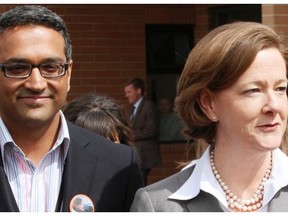 Former premier Alison Redford on the campaign trail in April 2012, with Farouk Adatia, her former chief of staff. Leadership hopeful Jim Prentice critiqued Redford’s leadership following his maiden speech on Wednesday.