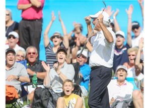 Fred Couples of Los Angeles, CA celebrates after his final shot on the 18th hole at the Shaw Charity Classic golf tournament finals at Canyon Meadows Golf and Country Club in Calgary on Sunday, Aug. 31, 2014.Fred Couples of Los Angeles, CA celebrates after his final shot on the 18th hole at the Shaw Charity Classic golf tournament finals at Canyon Meadows Golf and Country Club in Calgary on Sunday, Aug. 31, 2014.