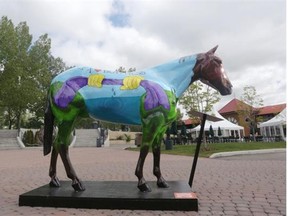 One of the 20 horses painted by flood-affected community organizations at Spruce Meadows. (Leah Hennel/Calgary Herald)