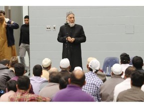 Imam Syed Soharwardy of the Islamic Supreme Council of Canada addresses his congregation before starting a 48-hour hunger strike protesting the actions Islamic extremists, at the Genesis Centre of Community Wellness on Friday.