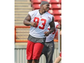 Micah Johnson runs drills during Stamps practice at McMahon Stadium in Calgary on Thursday.