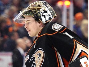 The Calgary Flames reportedly signed goalie Jonas Hiller to a two-year contract, worth $4.5 million per season. Hiller is seen in this file photo with the Anaheim Ducks on March 7, 2014, in Anaheim, Calif.