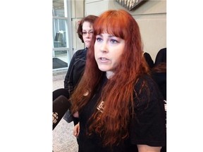 Karen Harrison talks to media outside court after Kelly York was sentenced to six years for causing the death of her brother Tony Harrison. (Darryl Slade/Calgary Herald)