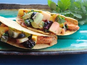 Killer Fish Tacos with Fresh Fruit Salsa made from a recipe in the Sobo Cookbook by Lisa Ahier with Andrew Morrison. 
 Photo by Gwendolyn Richards, Calgary Herald.