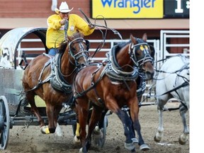 Kirk Sutherland, seen driving his outfit at the Calgary Stampede Rangeland Derby, won three times on the World Professional Chuckwagon Association circuit and claimed his first world title.