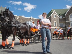 Margot McMaster, at the Banff Springs with her team of horses and riders (and a mule), to pitch the idea of her unscripted TV series, Caravan, to producers attending the Banff World Media Festival at Banff, on June 9, 2014. 
 Photo by Crystal Schick/Calgary Herald