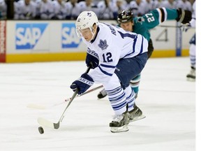 The Calgary Flames have signed Mason Raymond to a three-year deal. Raymond is seen in this file photo with the Toronto Maple Leafs on March 11, 2014 in San Jose, California.