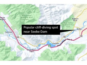 Locator map showing Seebe Dam area, where one man died Sunday evening. Another man is missing.