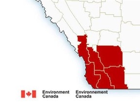 This Environment Canada map shows regions which are under rainfall warnings in southern Alberta.