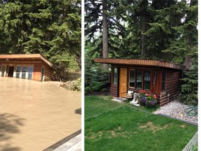Before and after photos of a backyard shed on Rideau Road. Floodwaters dislodged the shed from its foundations but it was saved from floating away by the evergreen behind it.