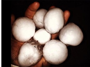 This photo from Rachel shows the size of some of the hail stones that fell on Airdrie Thursday night