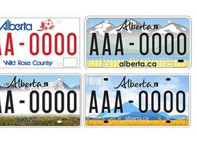 From upper left, the current Alberta licence plate and around it, the three options being presented for replacing it.