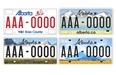 From upper left, the current Alberta licence plate and around it, the three options being presented for replacing it.