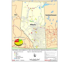 Four First Nations have filed a lawsuit against the federal government for the unsafe quality of drinking water on reserves. Red circles indicate a "high" water system risk level, yellow indicates a medium risk and green means a low risk.