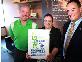 From left, Phil Huber, Caitlin Herrick and Brent Osmond are helping to organize the 2014 Face Off Against Cancer hockey tournament in September. The trio were photographed at the event's media launch at the Molson Lounge in Bridgeland on Thursday July 17, 2014.