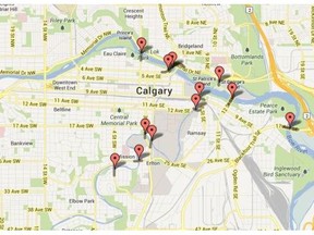 Google map of closed bridges around Calgary.