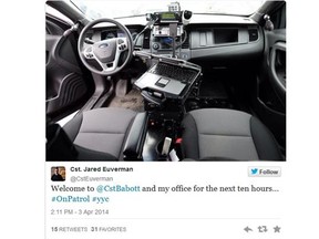 Const. Jared Euverman tweets the inside of his police cruiser, as two Calgary police officers tweeted throughout a patrol shift in April.