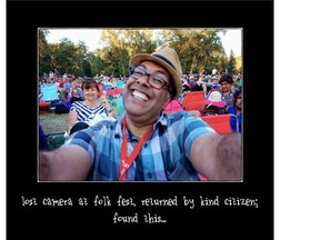 Gabriel Alan Collins found a selfie of Mayor Naheed Nenshi on the camera he lost, and later retrieved, at the Calgary Folk Music Festival.