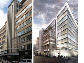 New owners of the Barron Building on 8th Avenue S.W. intend to demolish the old Uptown marquee canopy. Artist's rendering on the right shows how the exterior would look.