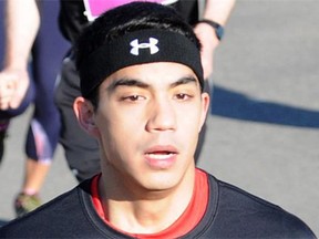 Matthew de Grood is shown in a 10K race in Calgary in 2013. De Grood is charged with five counts of first-degree murder in an attack on a group of young people at a house party on April 15.