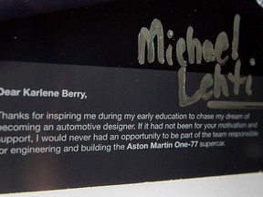 A note on the collage from Michael Lehti to his former teacher, Karlene Berry, 67, thanking her for her support and motivation, is pictured Friday, May 9, 2014. Lehti graduated from Benson Elementary in 1981 and credits Berry with motivating him to success. Lehti was part of team that engineered and built the Aston Martin One-77.