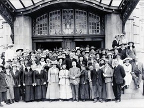 Mrs. Emily Pankhurst and members of the Men's and Women's Canadian Clubs in front of the Palliser Hotel in Calgary, June 12, 1916. British suffragette, Mrs. Emily Pankhurst, spoke about the war at a luncheon that also included Nellie McClung, one of the Famous 5 who fought for women's rights..