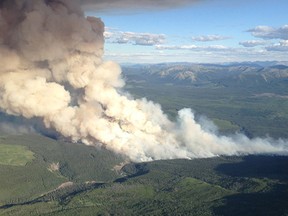 A wildfire burns near the B.C./Alberta boundary.