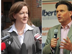 On the left, former Alberta Premier Alison Redford. On the right, PC leadership candidate THomas Lukaszuk,