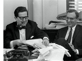 In this October 27, 1967 photo New York Times, New York Time’s editors A.M. Rosenthal, left and Arthur Gelb, are seated at a desk in Rosenthal’s office at the New York Times the year that Rosenthal was elevated to Executive Editor and Gelb succeeded him as Managing editor. Gelb, whose news sense, arts sensibility and journalistic vigor sculpted The New York Times for decades, died Tuesday, May 20, 2014 at age 90.