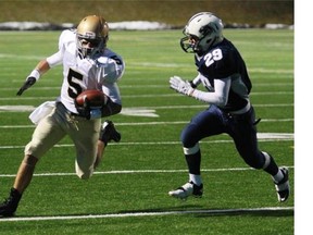 Notre Dame’s Colton Hunchak, seen racing by Bishop O’yrne’s Braydon Fedorchuk during a 2012 game, has been added to Team Canada for the U19 IFAF Junior World Cup in July.