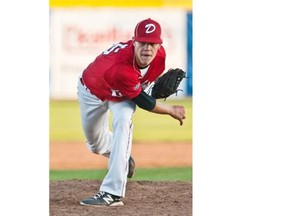 Okotoks Dawgs pitcher Chris Sievers tosses some heat during a recent game.