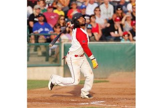 Okotoks Dawgs player Mario Sanchez watches a foul ball go up during Game 4 of their Western Major Baseball League semifinal series against the Medicine Hat Mavericks on Sunday night.