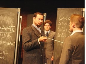 Tory Doctor reads the riot act to young Melchior (Eric Wigston), in Spring Awakening, at the Pumphouse Theatre through June 6