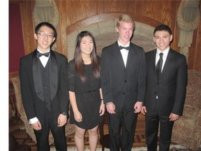 Pictured, from left, at the 48th Annual Sir Winston Churchill Society of Calgary Memorial Banquet May 29, are high school debate winners Bryan Ma, Candace Cho, Jeremy Foxcroft and Sergio Montanez.