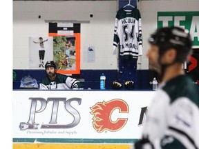 Two players are out for Team Hope as the remaining, exhausted players soldier on during the Hockey Marathon for the Kids, to raise money for the Alberta Children’s Hospital and Southern Alberta Flood Relief, in Chestermere.