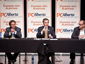 PC Alberta leadership candidates, from left, Thomas Lukaszuk, Jim Prentice, Ric McIver take part in the Alberta Progressive Conservative leadership forum in Edmonton last month.