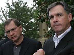 Jim Prentice with then-premier Ed Stelmach in 2008. Guess which one got more first-ballot support from Tories? (Edmonton Journal archives)