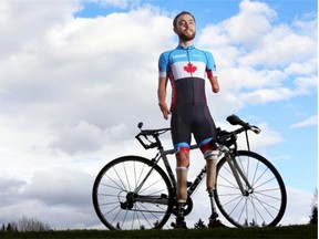 Quadruple amputee Jaye Milley, pictured near his Calgary home, recently won a bronze medal at a Para-Cycling World Cup in Italy.
