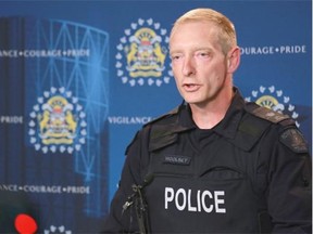 RCMP Inspector Garret Woolsey speaks during a press conference updating the investigation into the disappearance of Nathan O’Brien and his grandparents Alvin and Kathy Liknes.