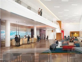 A rending shows the lobby of the new four-star Delta hotel. Rendering supplied by Delta Hotels and Resorts