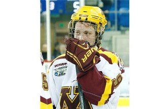 Sarah Davis of the Minnesota Golden Gophers reacts after losing the 2014 NCAA Women’s Ice Hockey Championship to the Clarkson Golden Knights last March. Next week, she will be making Calgary home as part of the local Canadian Women’s Hockey League squad, the Inferno.