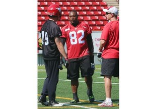 Stampeders receiver Nik Lewis take a break during practise at McMahon Stadium on Wednesday. It’s likely the 11-year veteran will be scratched from Friday’s game against B.C.