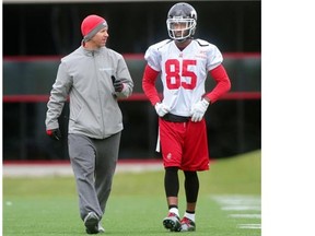 Stampeders receiver Joe West, right, hopes to be the target of offensive co-ordinator Dave Dickenson Sunday when Calgary faces the Ottawa RedBlacks. With Jeff Fuller on the shelf, West could be the go-to guy in the receiving corps.