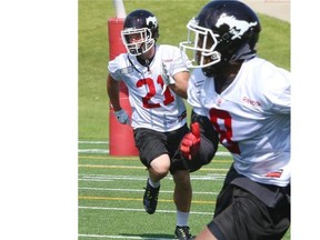 Stampeders safety Adam Berger, who has slowly worked into the defence this season, runs during practise at McMahon Stadium on Wednesday.